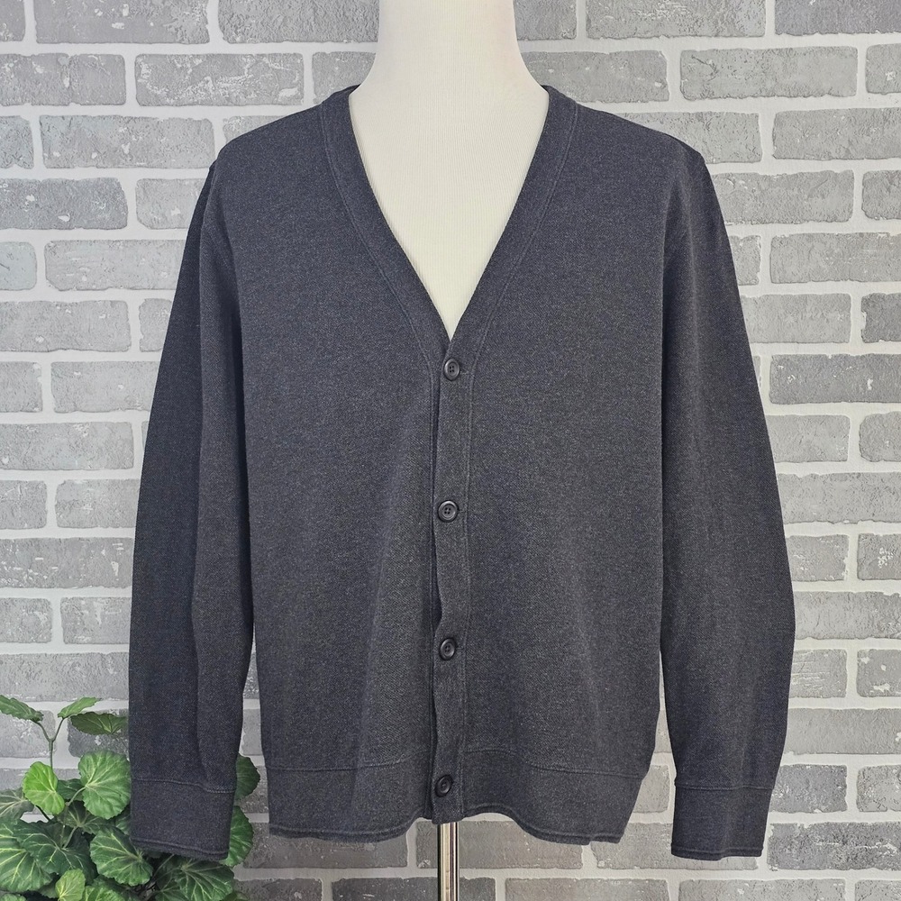Lands' End Gray Cotton Cardigan Sweater Elbow Patches Men's Large Cotton Grandpa